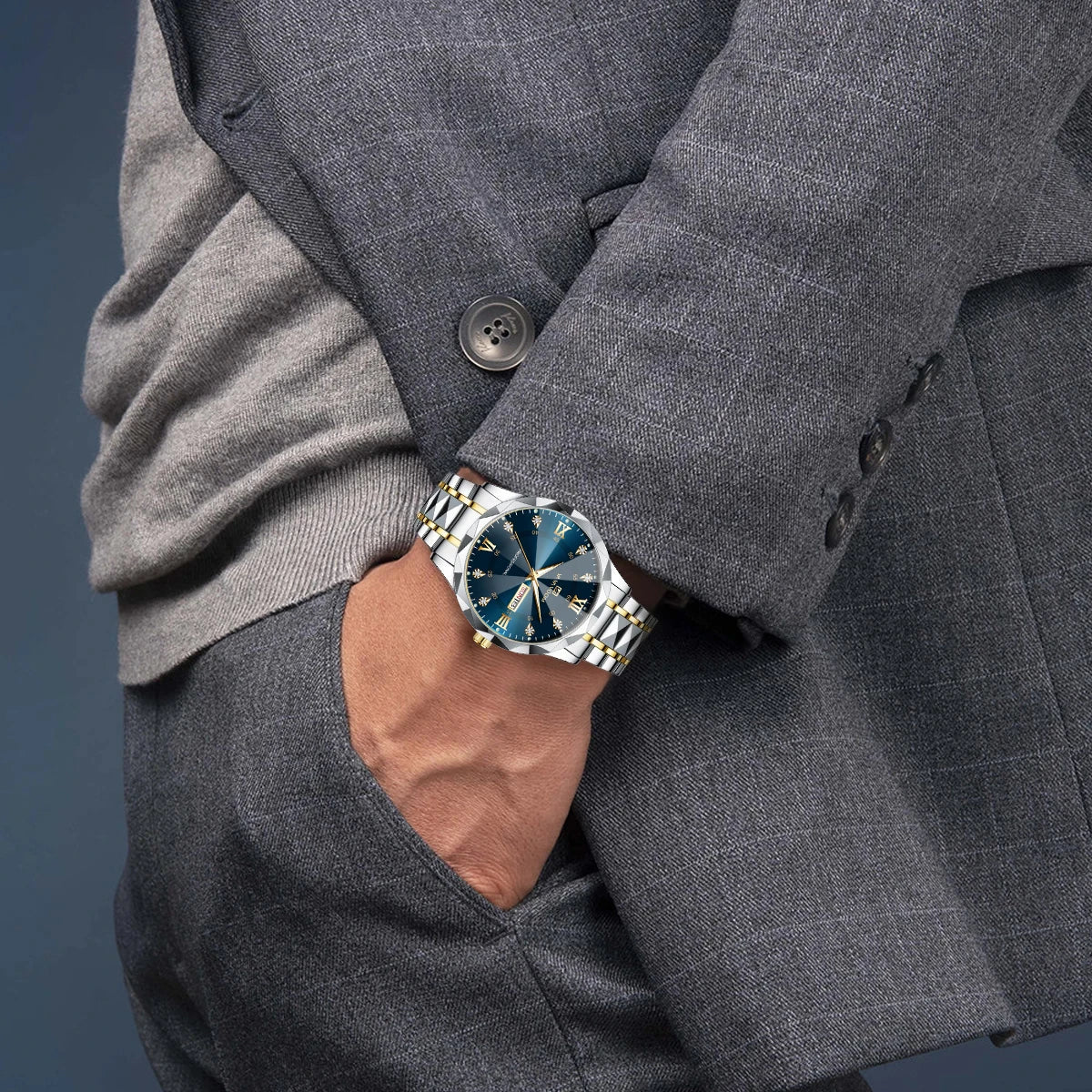 Blå/Guld Herrklocka – Quartz med Dubbel Kalender - Nordic Jewerly